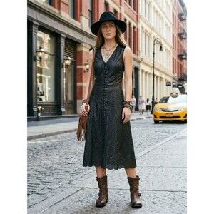 RARE Italian Leather and Wool Midi Dress Medium Tie Front Boho Moto Womens Black